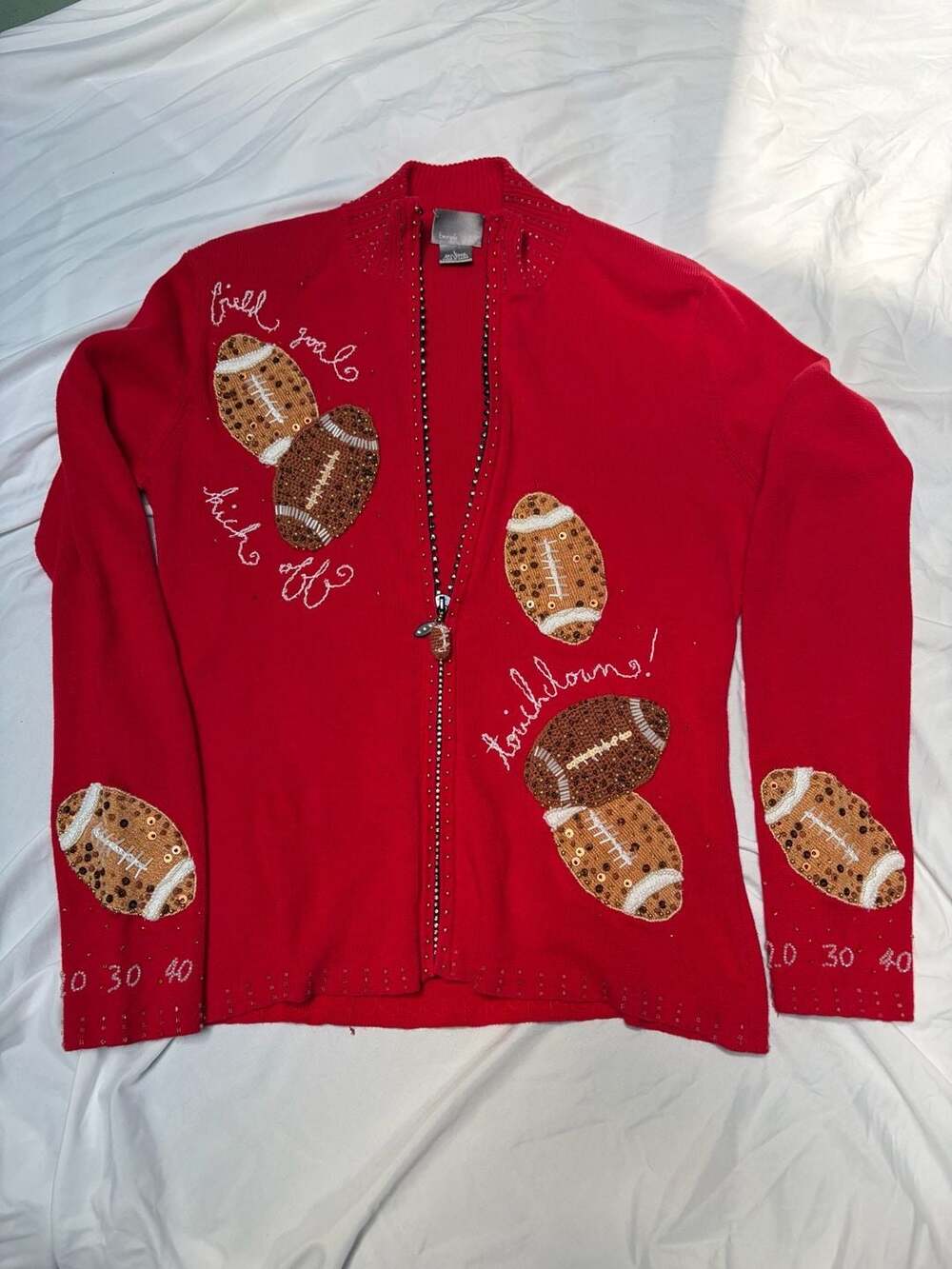 VINTAGE Berek Women's Red Beaded Football Themed Full Zip Sweater size Large